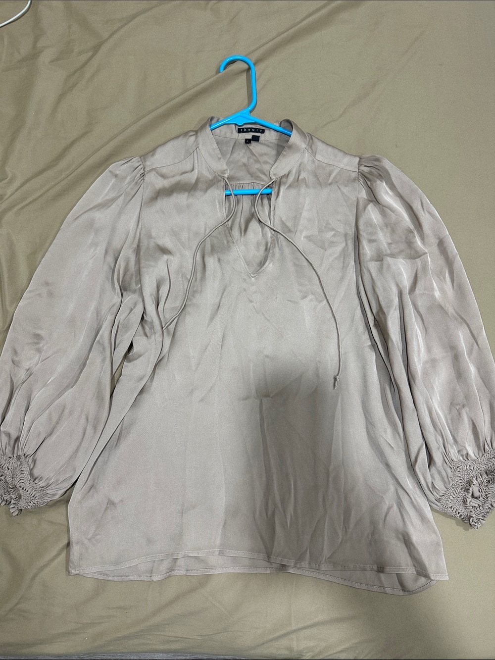 Theory Cream Tie-Neck Satin Blouse